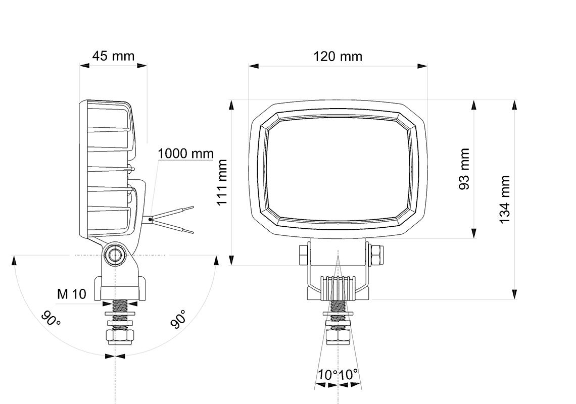 LED Arbeitsscheinwerfer CARBONLUX rechteckig 120X90mm - Kabel